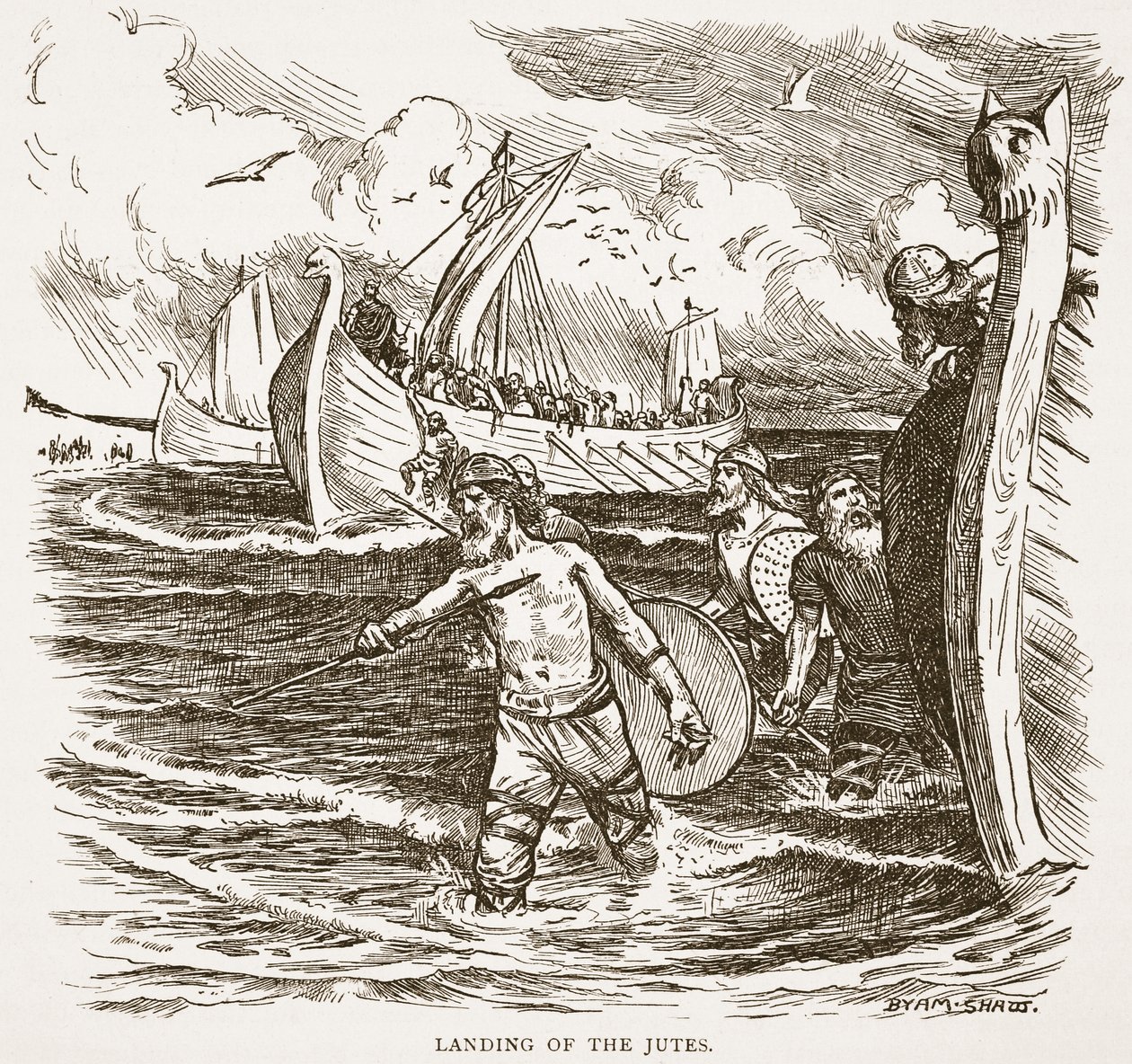El desembarco de los jutos en la isla de Thanet, Kent, Inglaterra, 449 d.C., ilustración de 