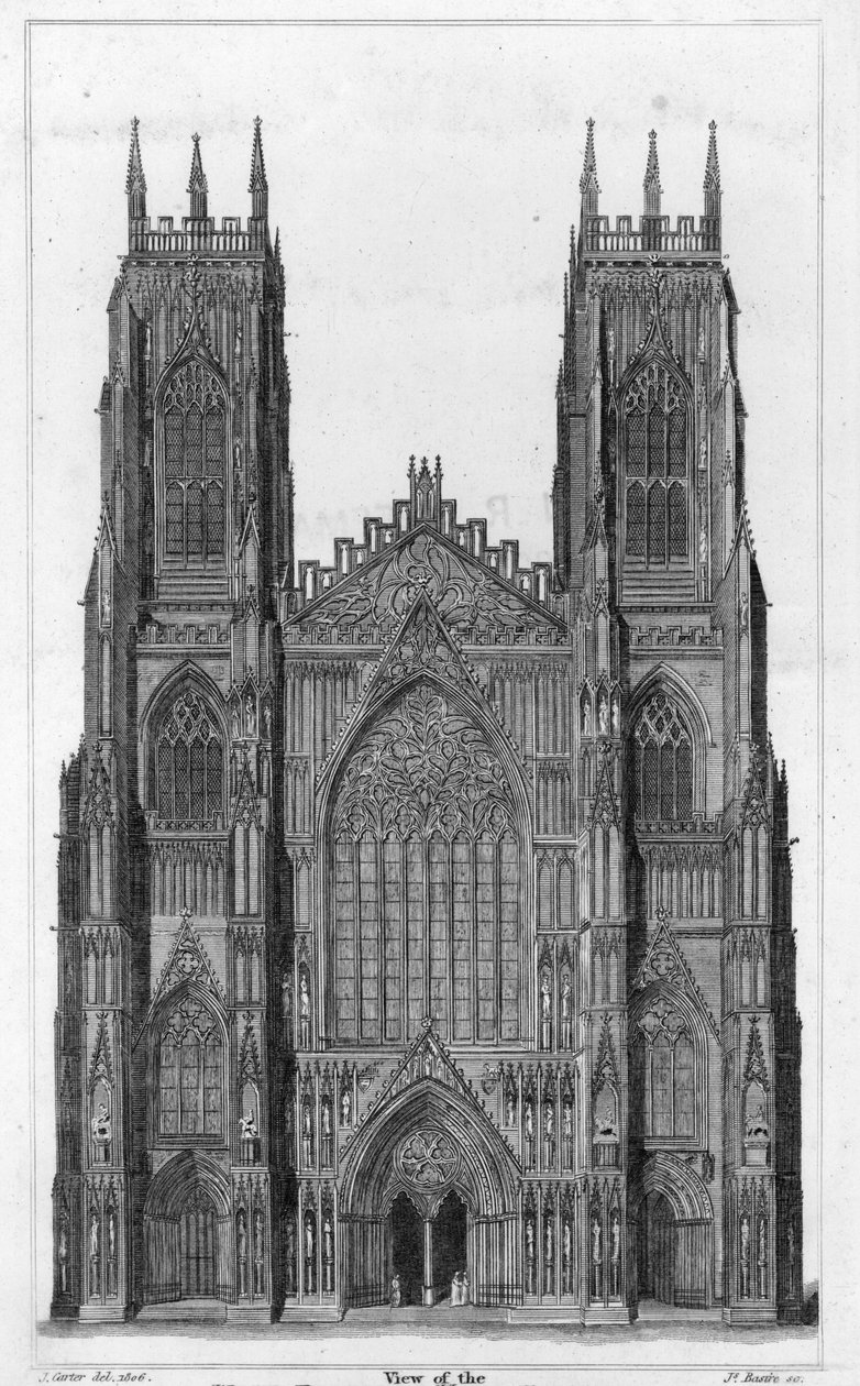 Vista del frente oeste de la catedral de York, grabado por James Basire II, 1806 de John Carter