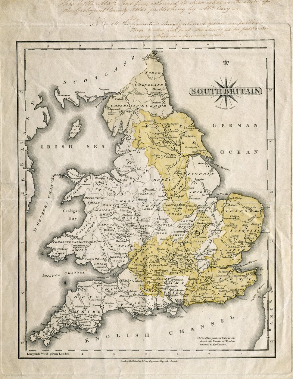 Mapa del sur de Gran Bretaña, coloreado para mostrar áreas geológicas de interés, anotado por William Smith (1769-1839) de John Cary