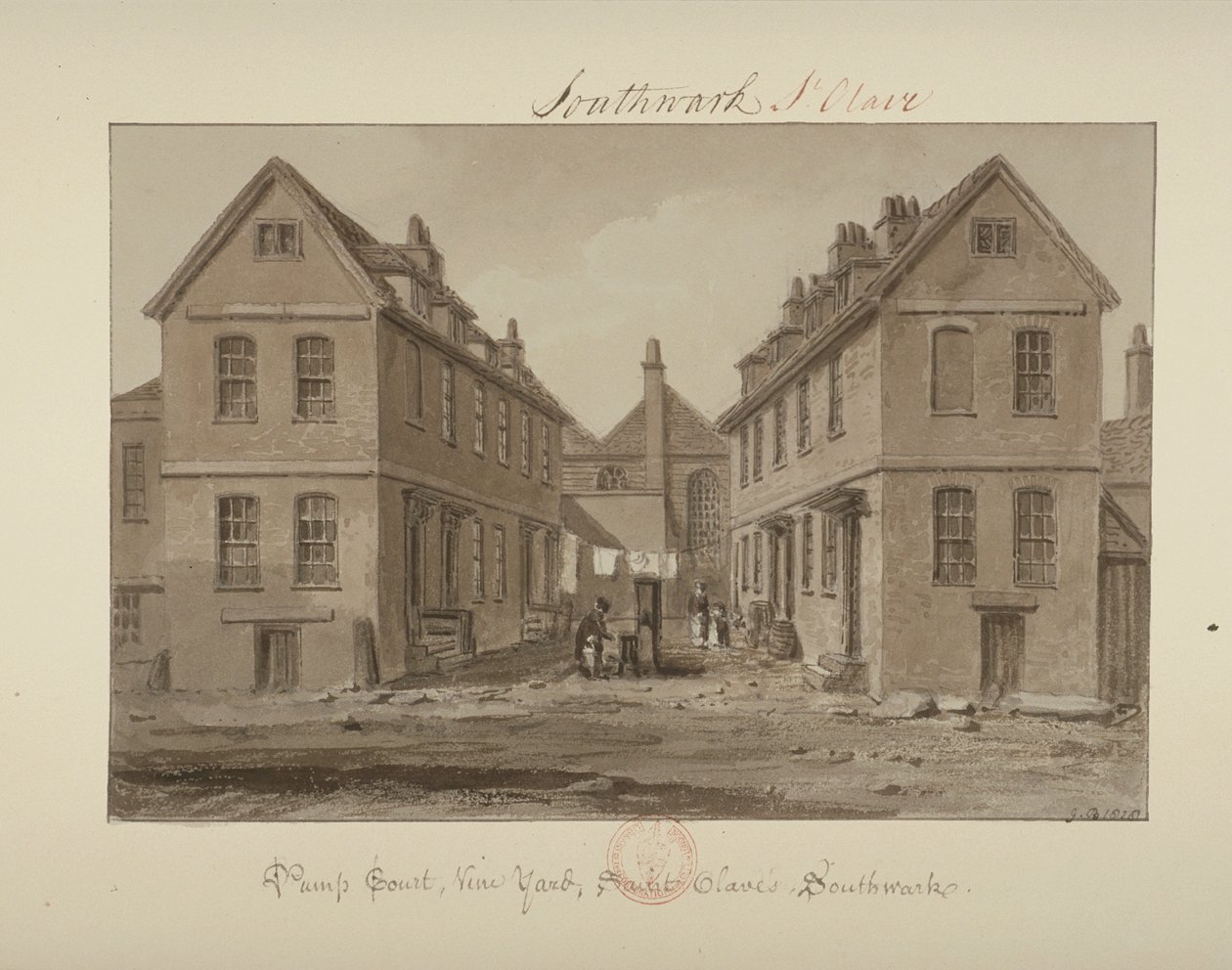 Vista de una figura recogiendo agua en Pump Court, Vine Yard, Bermondsey, 1828 de John Chessell Buckler