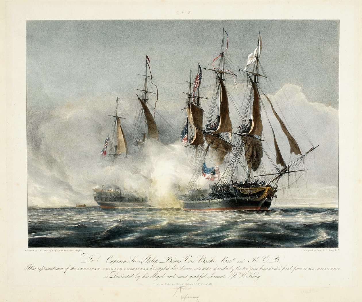 Esta representación de la Fragata Americana Chesapeake, lisiada y lanzada al desorden total por las dos primeras andanadas disparadas desde el H.M.S. Shannon de John Christian Schetky