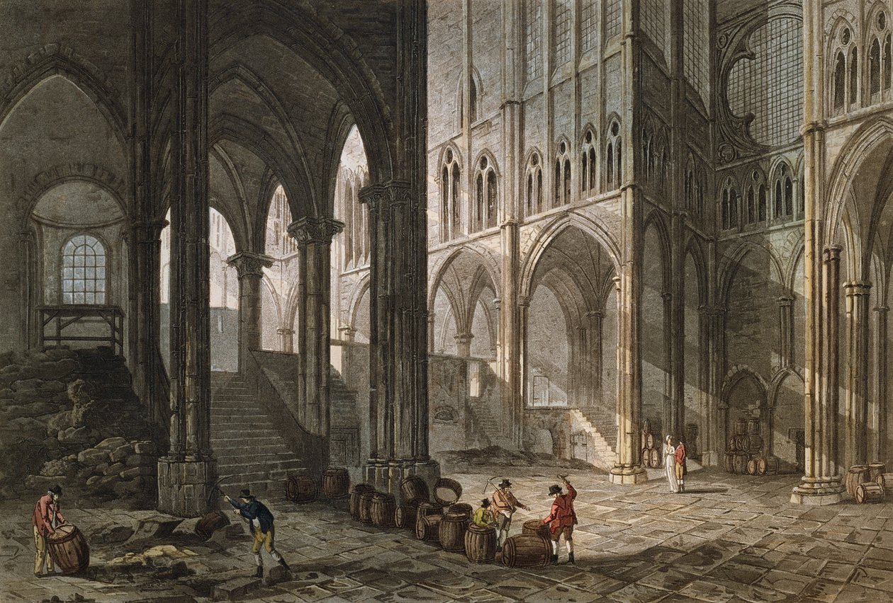 Comerciante vendiendo vino dentro de la basílica de Saint-Denis, 1809 de John Claude Nattes