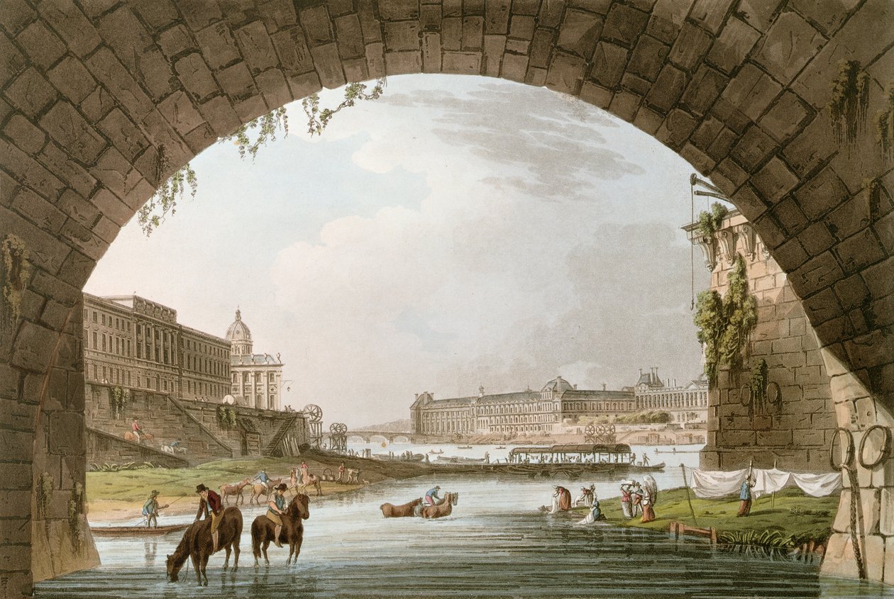 Panorama del Río Sena visto desde debajo del Pont Neuf mirando al Oeste hacia el Louvre, La Monnaie y el Colegio de Cuatro Naciones, ilustración para 
