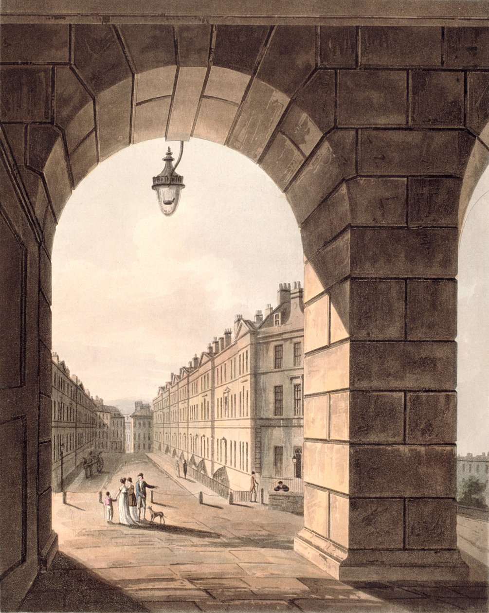 Calle Pulteney terminando en Laura Place vista a través de la puerta de los Jardines de Sydney, de 