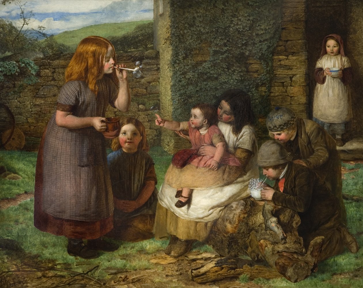 Burbujas: escena de cabaña con niños jugando, 1856 de John Dawson Watson