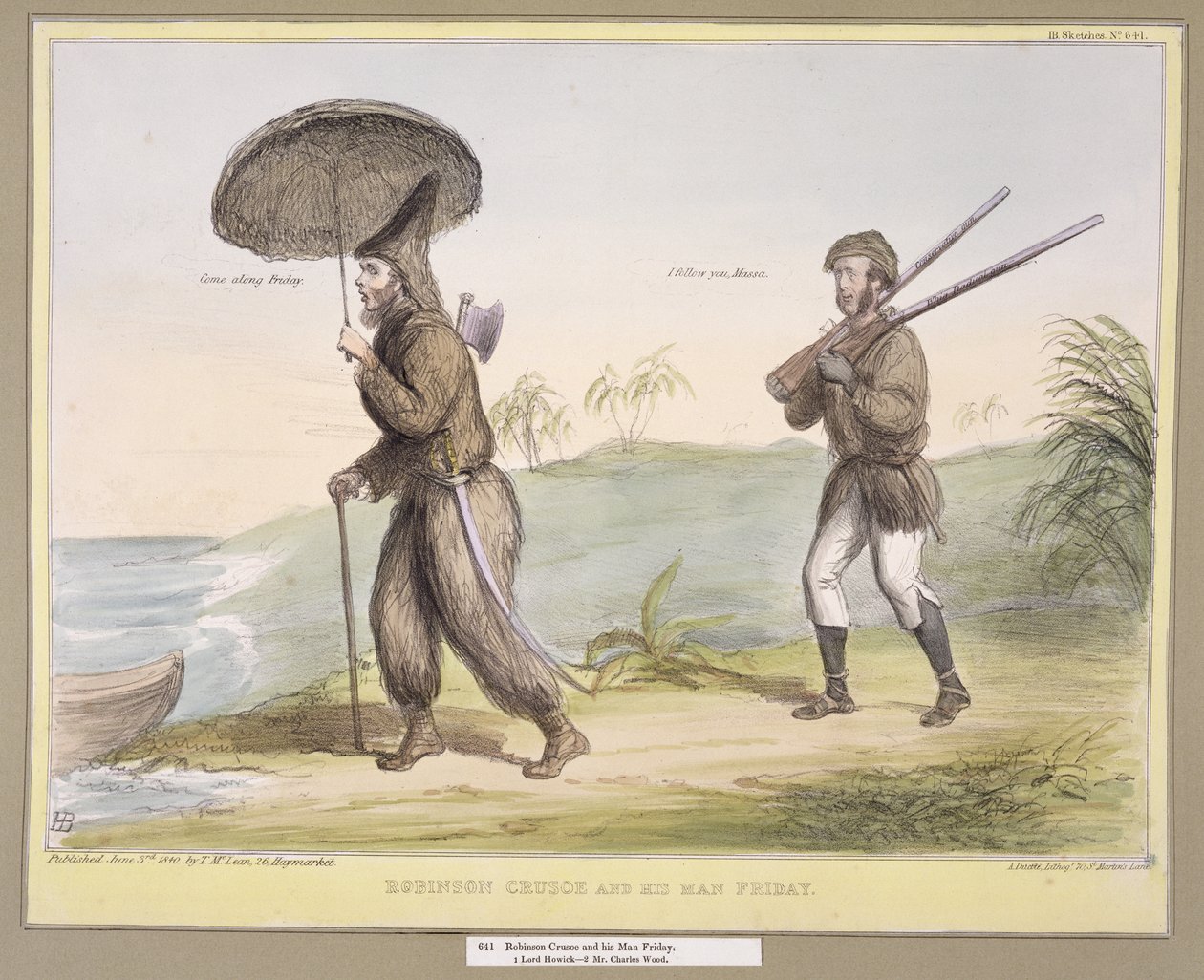Robinson Crusoe y su Hombre Viernes, (Bocetos de HB No. 641) publicado el 3 de junio de 1840 de John Doyle