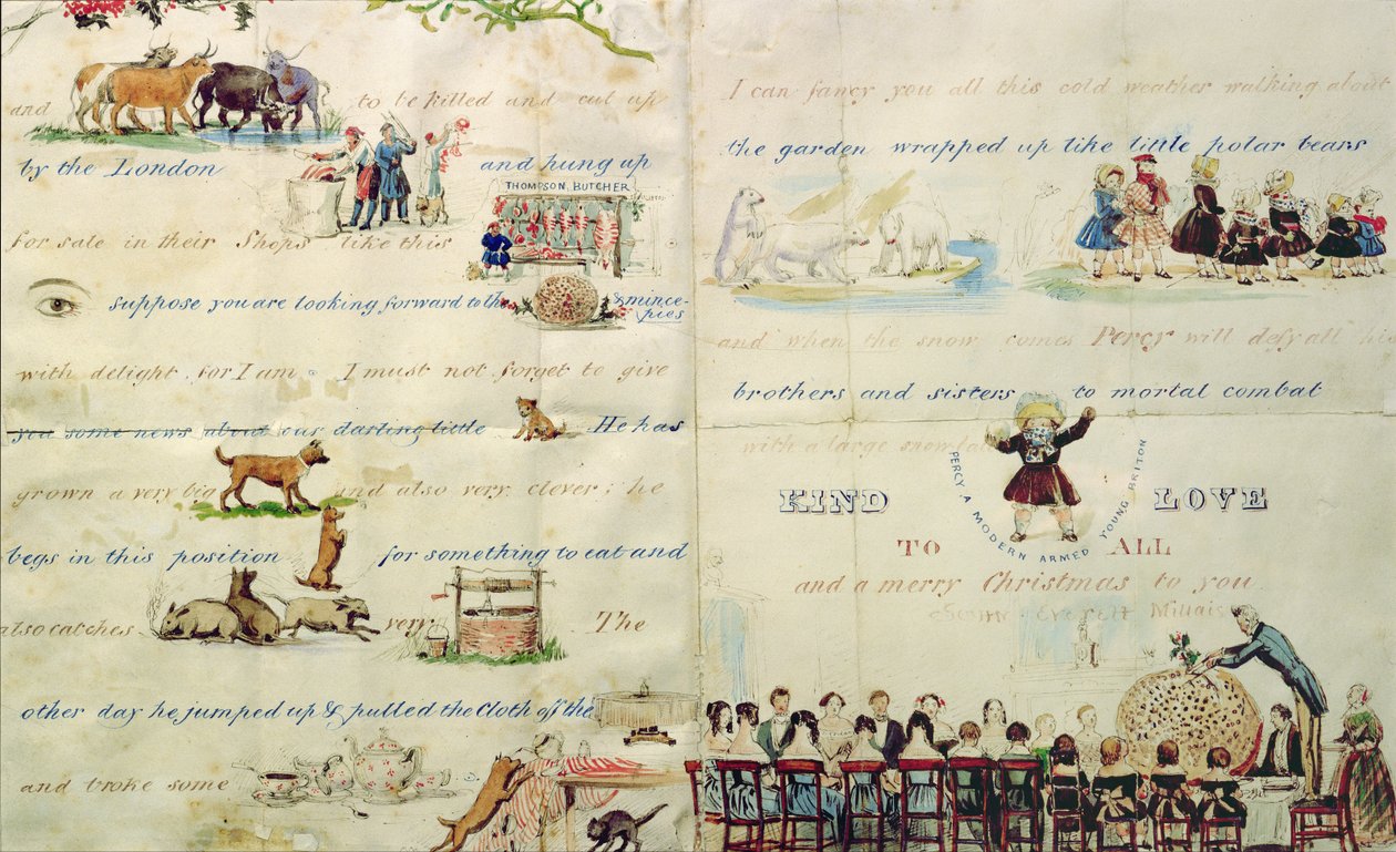 Una carta de Navidad escrita con pictogramas (pluma y tinta y acuarela sobre papel) de John Everett Millais