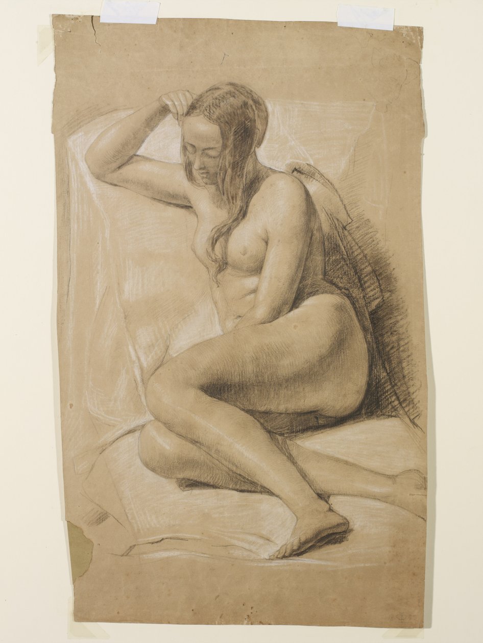 Desnudo femenino sentado, 1847 (tiza negra y blanca sobre papel marrón) de John Everett Millais