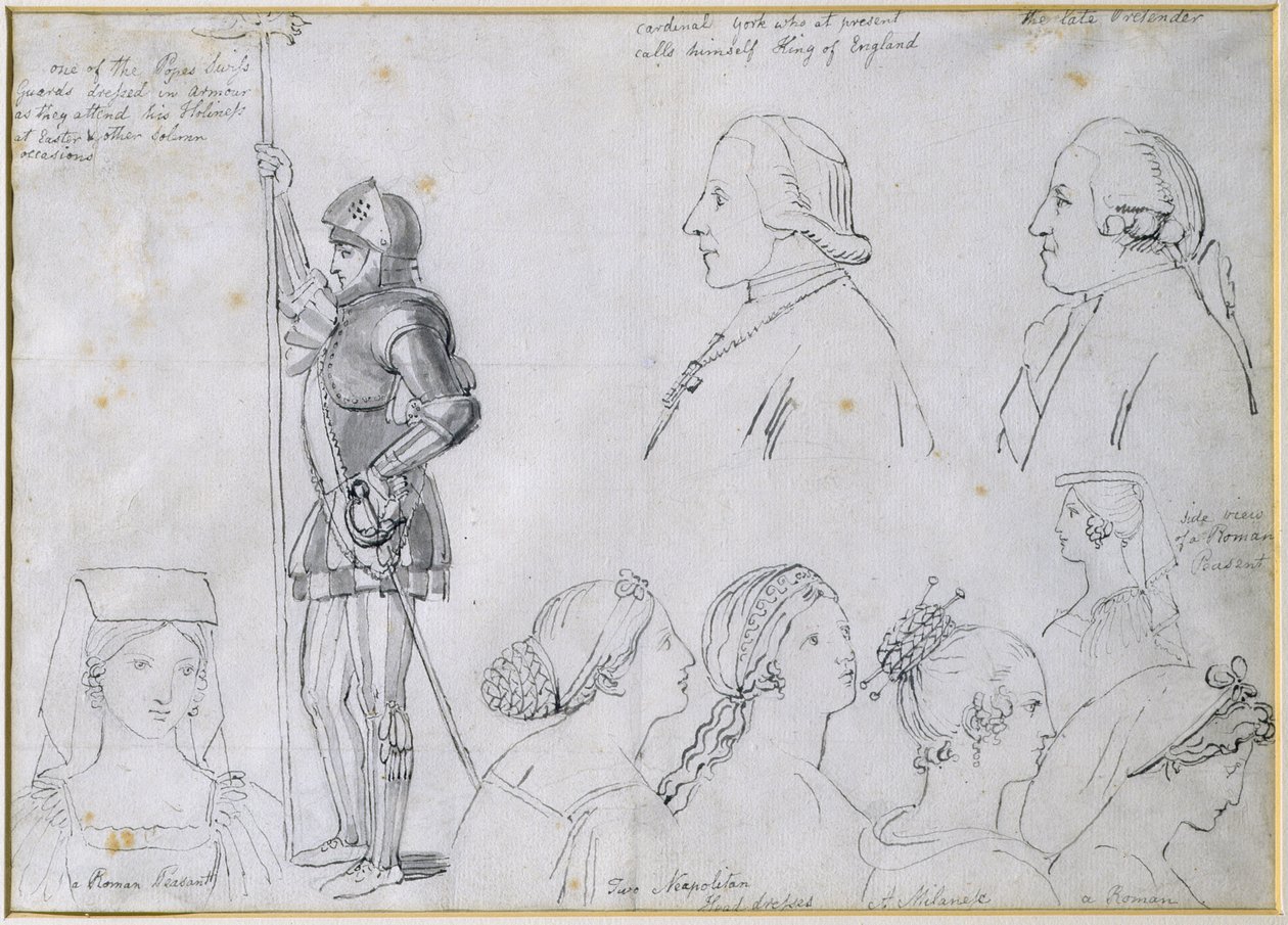 Bocetos de personajes en Roma con retratos del Príncipe Carlos Eduardo Stuart y su hermano el Cardenal York de John Flaxman