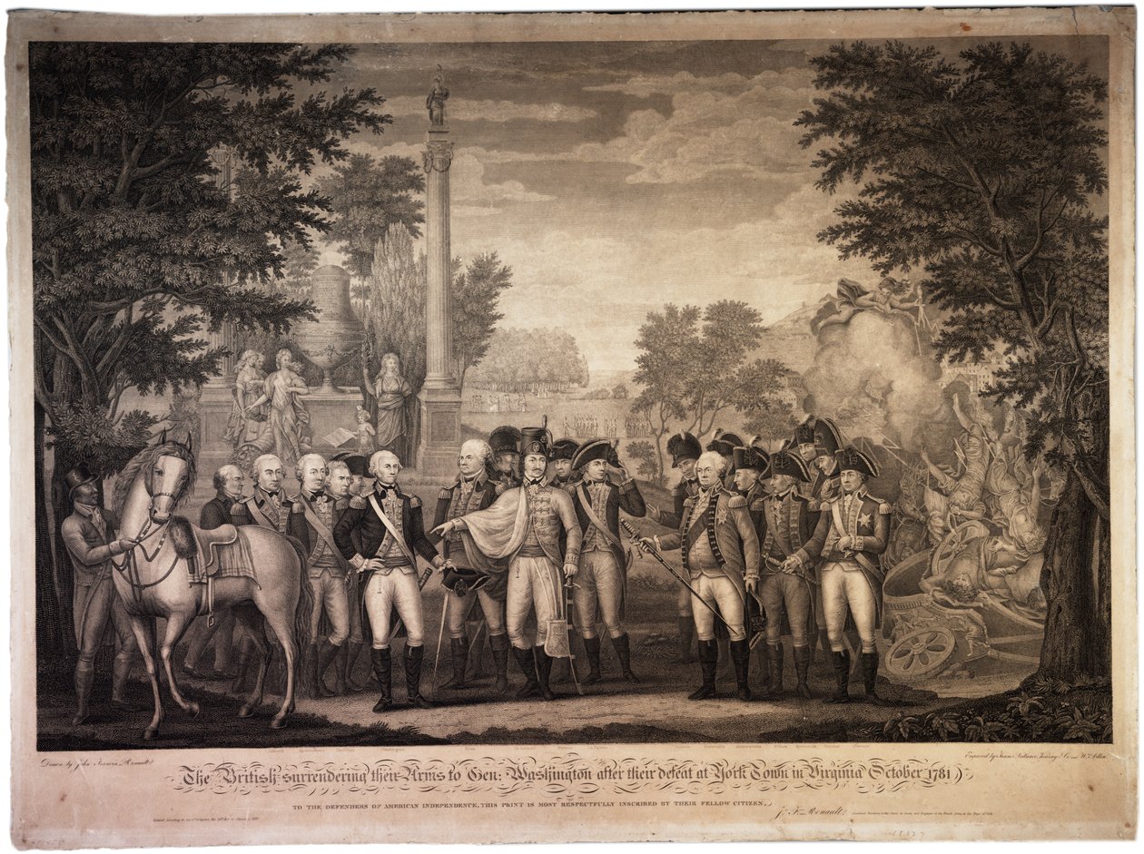 Los Británicos rindiendo sus Armas al General Washington...en York Town [Yorktown], 1819 de John Francis Renault