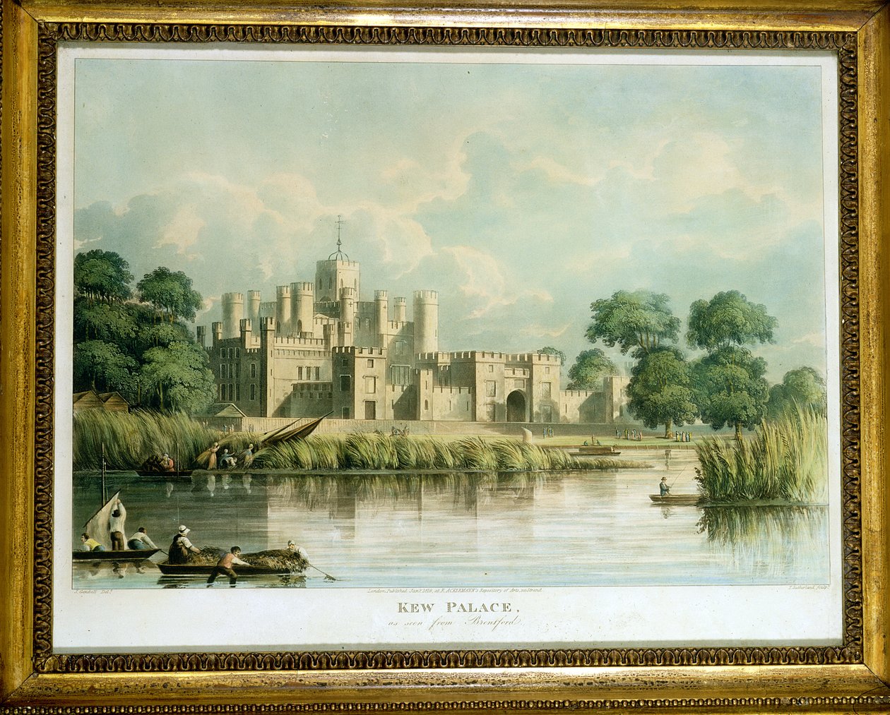 Palacio de Kew visto desde Brentford, grabado por Thomas Sutherland publicado en 1819 de John Gendall