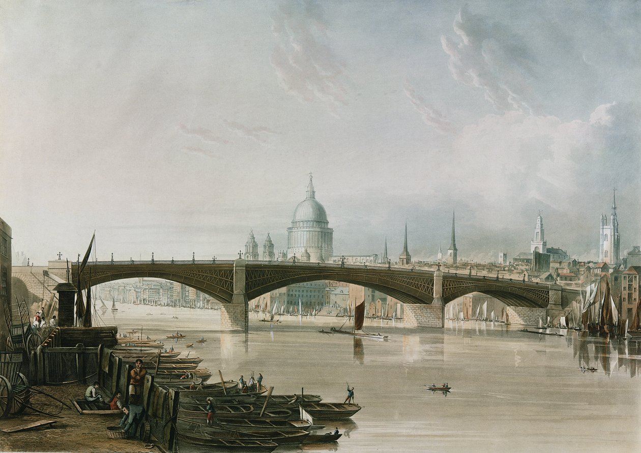 Puente de Hierro de Southwark, visto desde Bankside, grabado por Thomas Sutherland, publicado 1819 de John Gendall