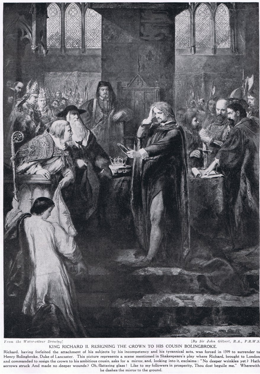 El Rey Ricardo II entregando la corona a su primo Bolingbroke, ilustración de 
