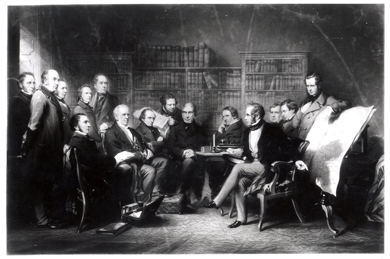 El gabinete de Aberdeen, decidiendo sobre la expedición a Crimea, grabado por William Walker de John Gilbert