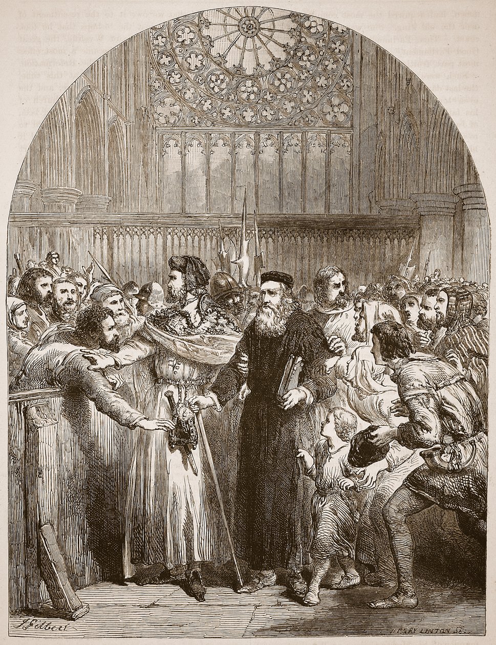 Wycliffe compareciendo ante los prelados en San Pablo para responder a la acusación de herejía en 1377, ilustración de 