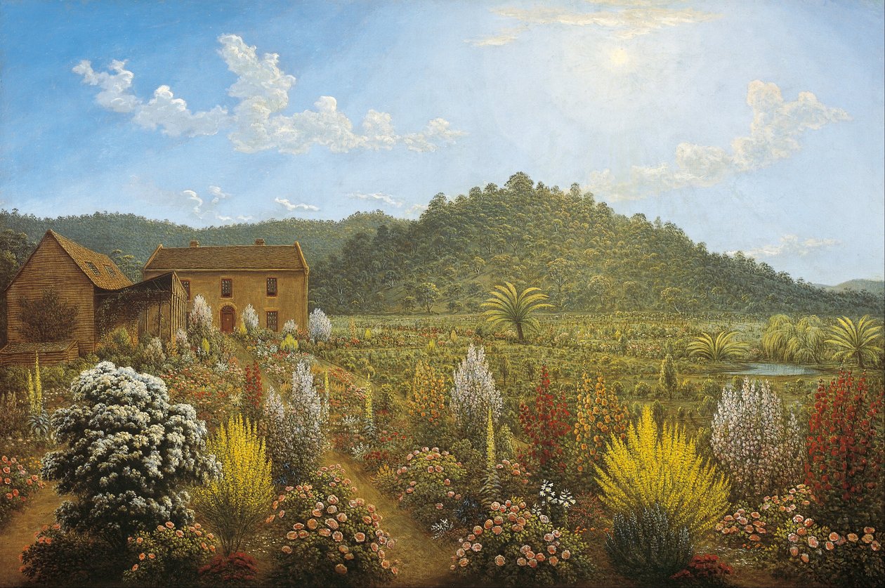 Vista de la casa y jardín del artista, en Mills Plains, Tierra de Van Diemen de John Glover