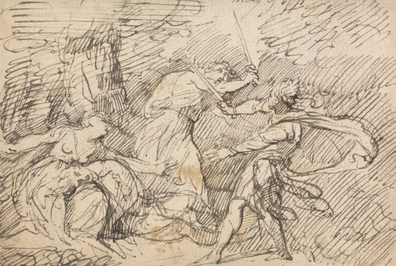 Dos hombres peleando frente a una mujer de John Hamilton Mortimer
