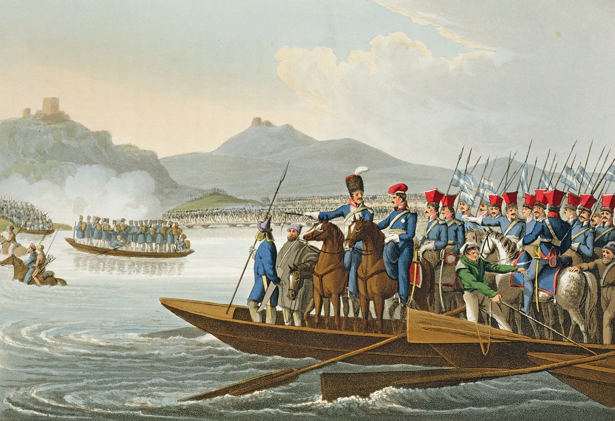 El ejército aliado cruzando el Rin para invadir Francia, 1813, grabado por Matthew Dubourg de 