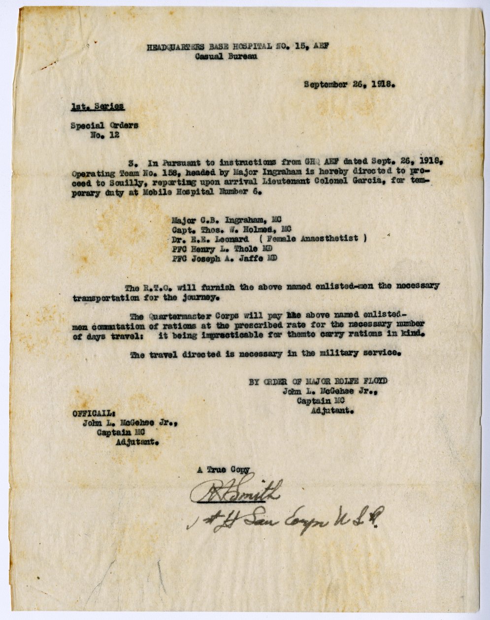 Órdenes especiales No. 12 Extracto, Cuartel General del Hospital Base No. 15, Oficina de Casualidades, por orden de Rolfe Floyd, 26 de septiembre de 1918 de John L. McGehee