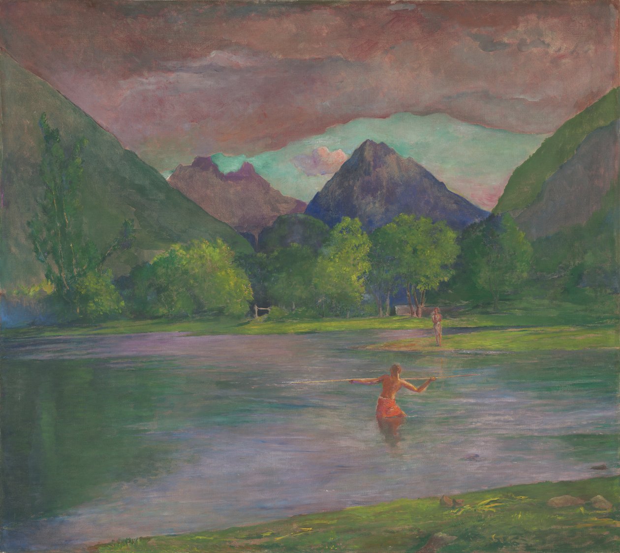 Resplandor crepuscular, río Tautira, Tahití, pescador lanzando un arpón, c.1895 de John La Farge or Lafarge