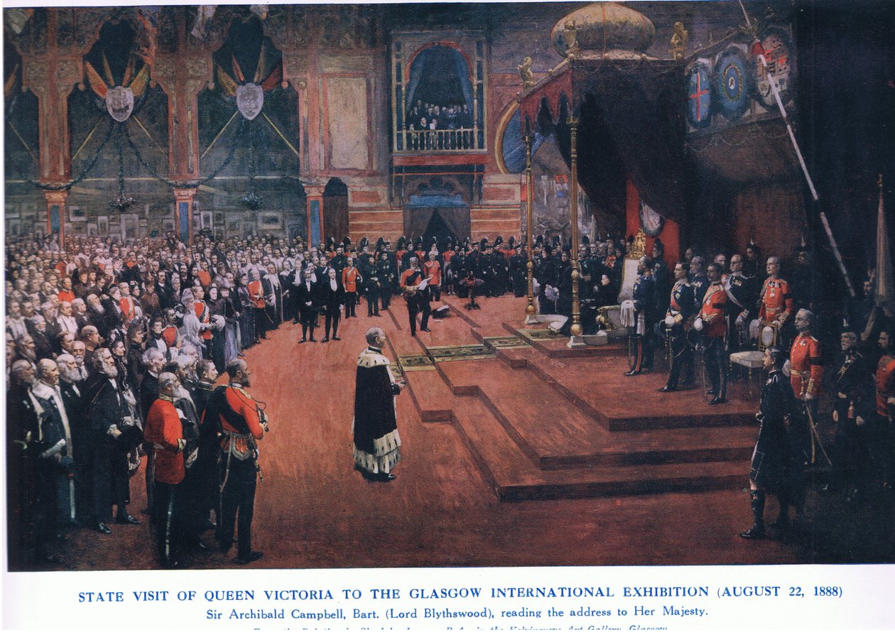 Visita de estado de la Reina Victoria a la Exposición Internacional de Glasgow (22 de agosto de 1888), de Cassells Historia del Pueblo Británico publicada por la Waverley Book Company Limited, c.1940 de John Lavery
