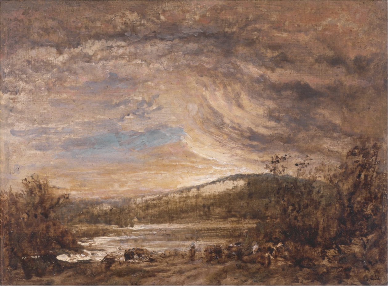 Un paisaje fluvial, atardecer de John Linnell