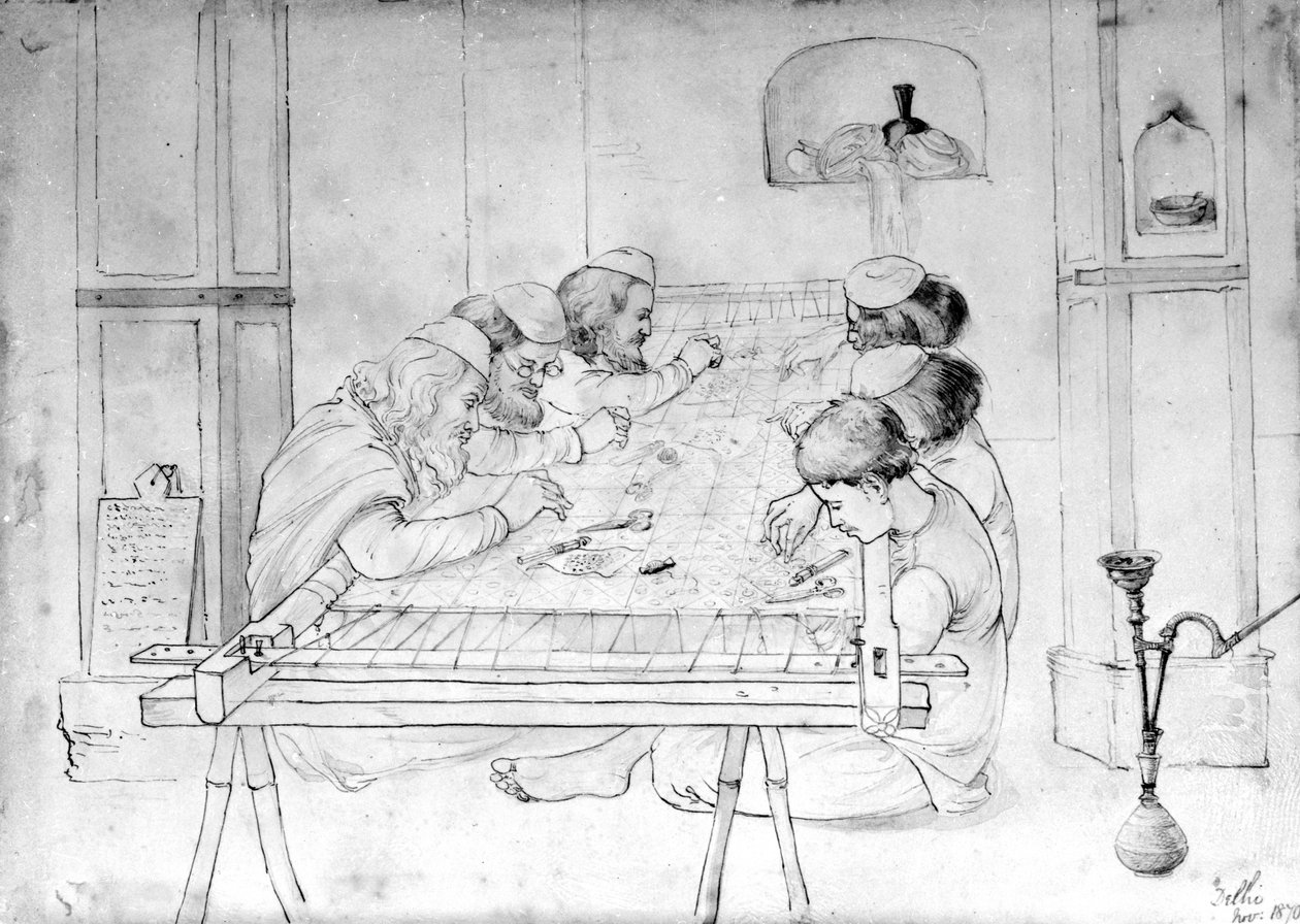 Hombres trabajando en un bastidor de bordado, 1870 de John Lockwood Kipling