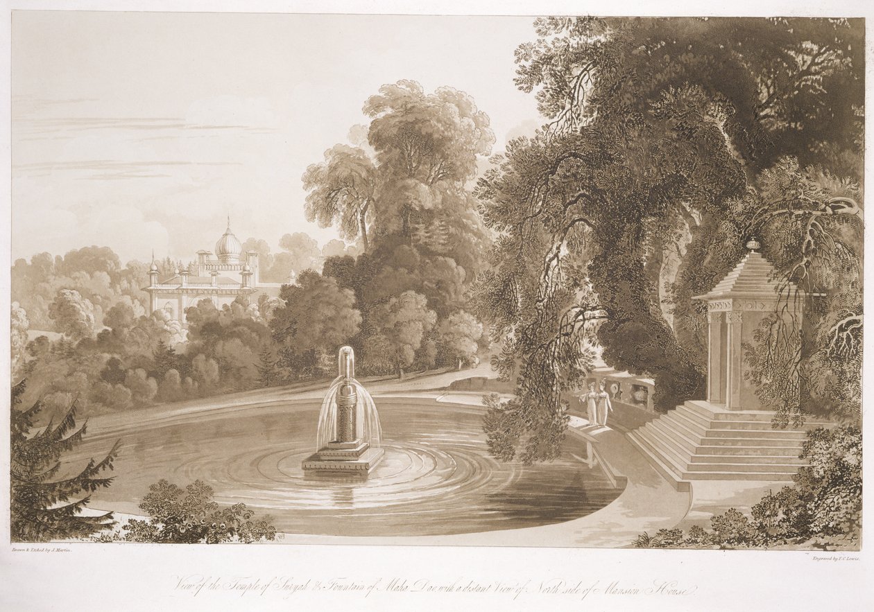 Vista del Templo de Suryah y la Fuente de Mahah Doo con una vista distante del lado norte de la Mansion House, Sezincote, grabado por Frederick Christian Lewis Snr. (1779-1856), c.1817-18 de John Martin