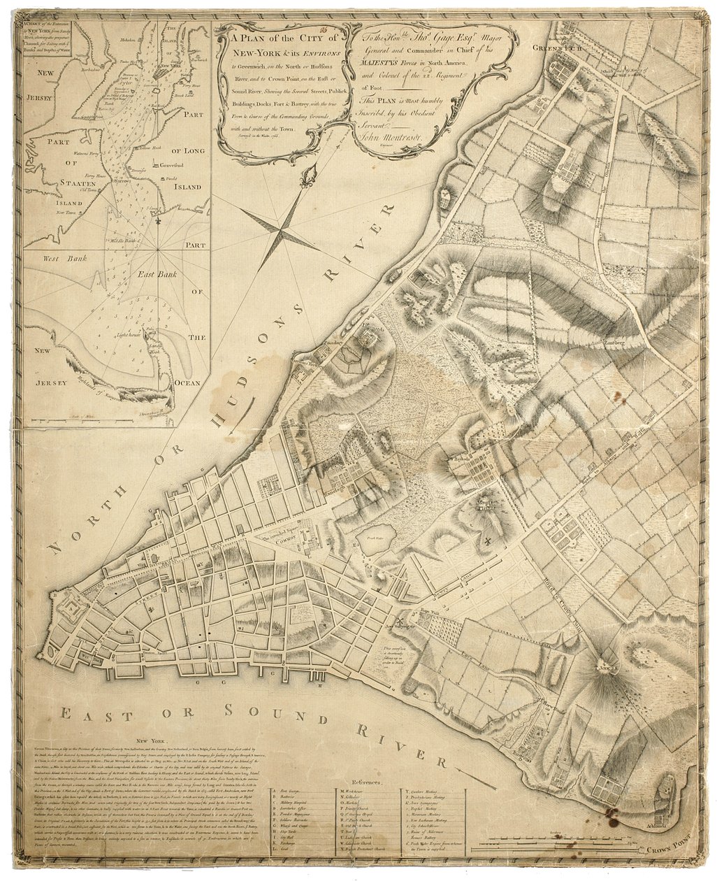 Plano de la ciudad de Nueva York y sus alrededores hasta Greenwich en el río Norte (Hudson) hasta Crown Point en el río Este, levantado en 1766, 1775 de John Montresor