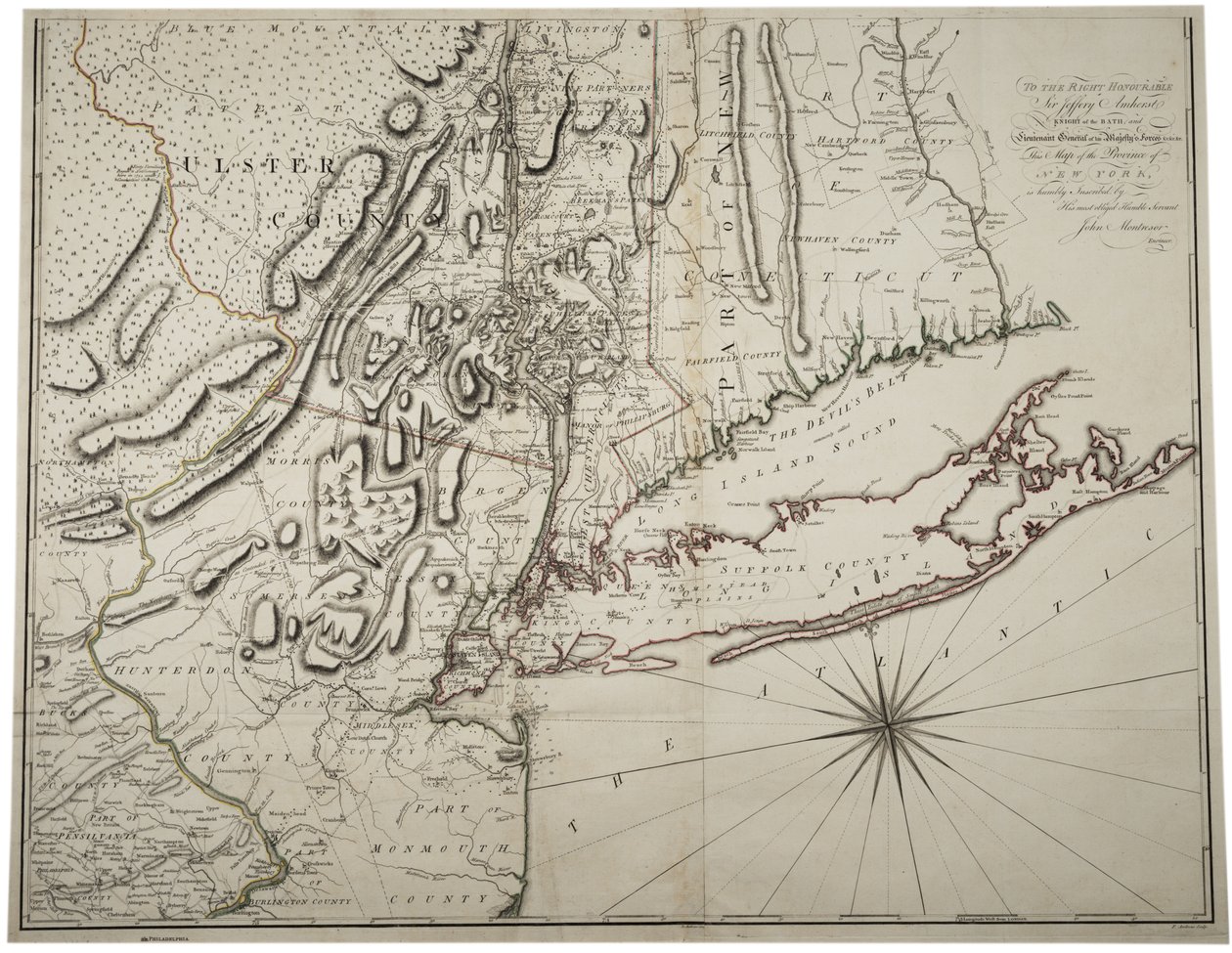 Mapa del Estado de Nueva York Inferior y áreas circundantes, c.1775 de John Montresor