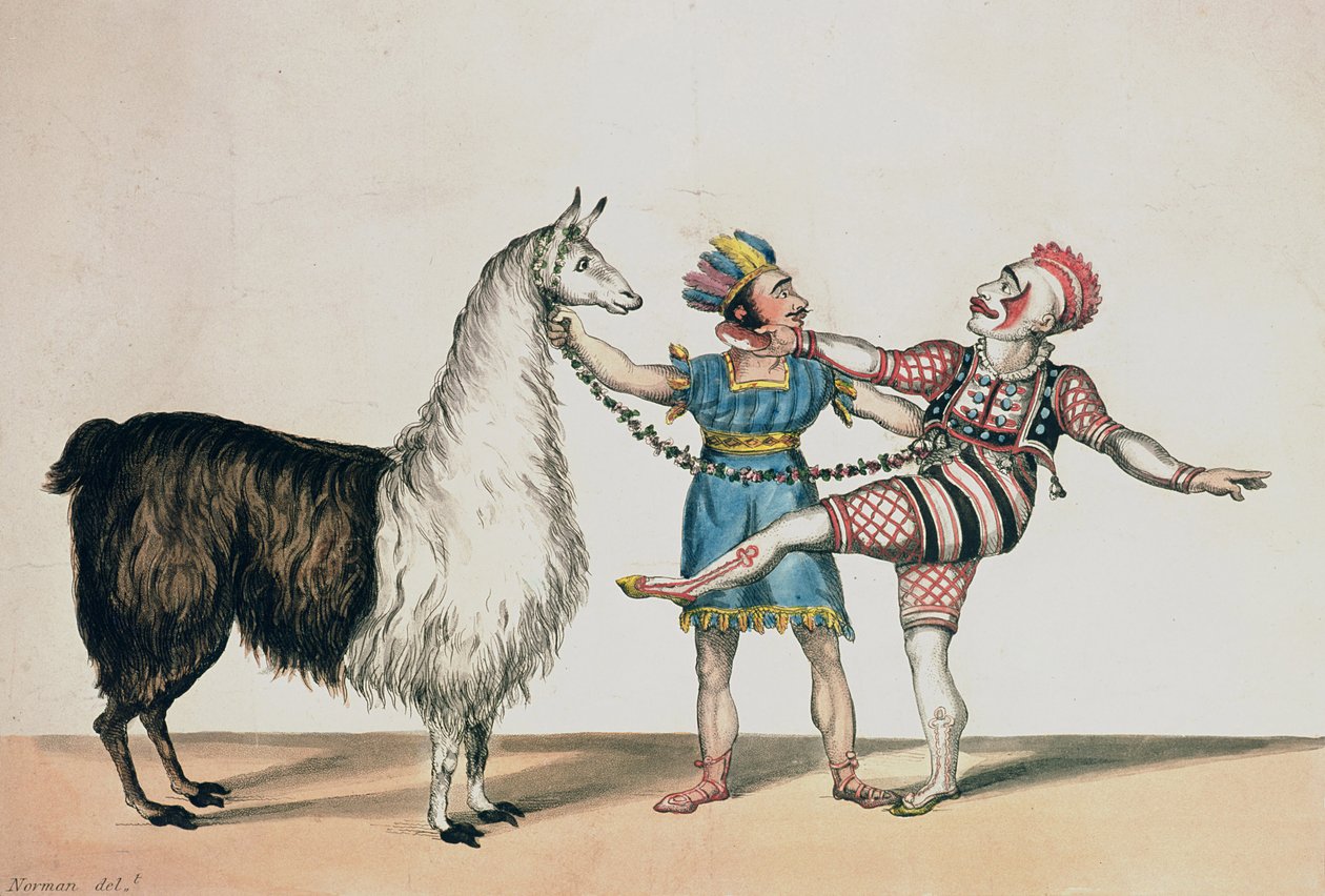 Grimaldi y la alpaca, en la popular pantomima del enano rojo, publicado en Londres de John Norman