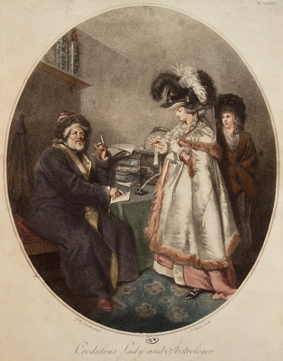 Dama crédula y astrólogo, grabado por Pierre Simon de John Raphael Smith