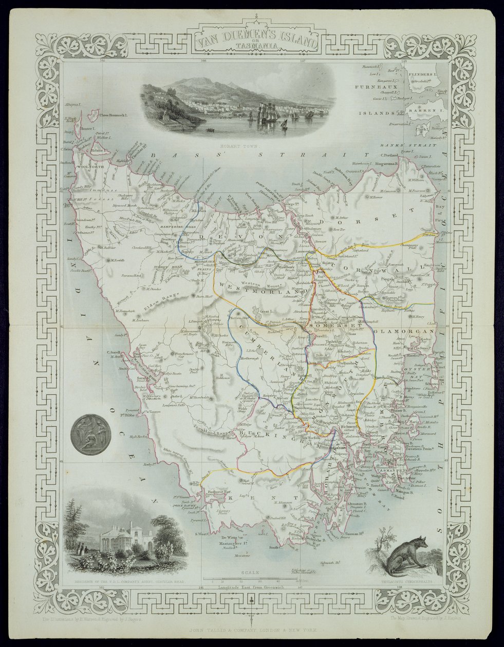 La isla de Van Diemen o Tasmania, de una serie de mapas del mundo publicados por John Tallis und Co., Londres y Nueva York, 1850s de John Rapkin