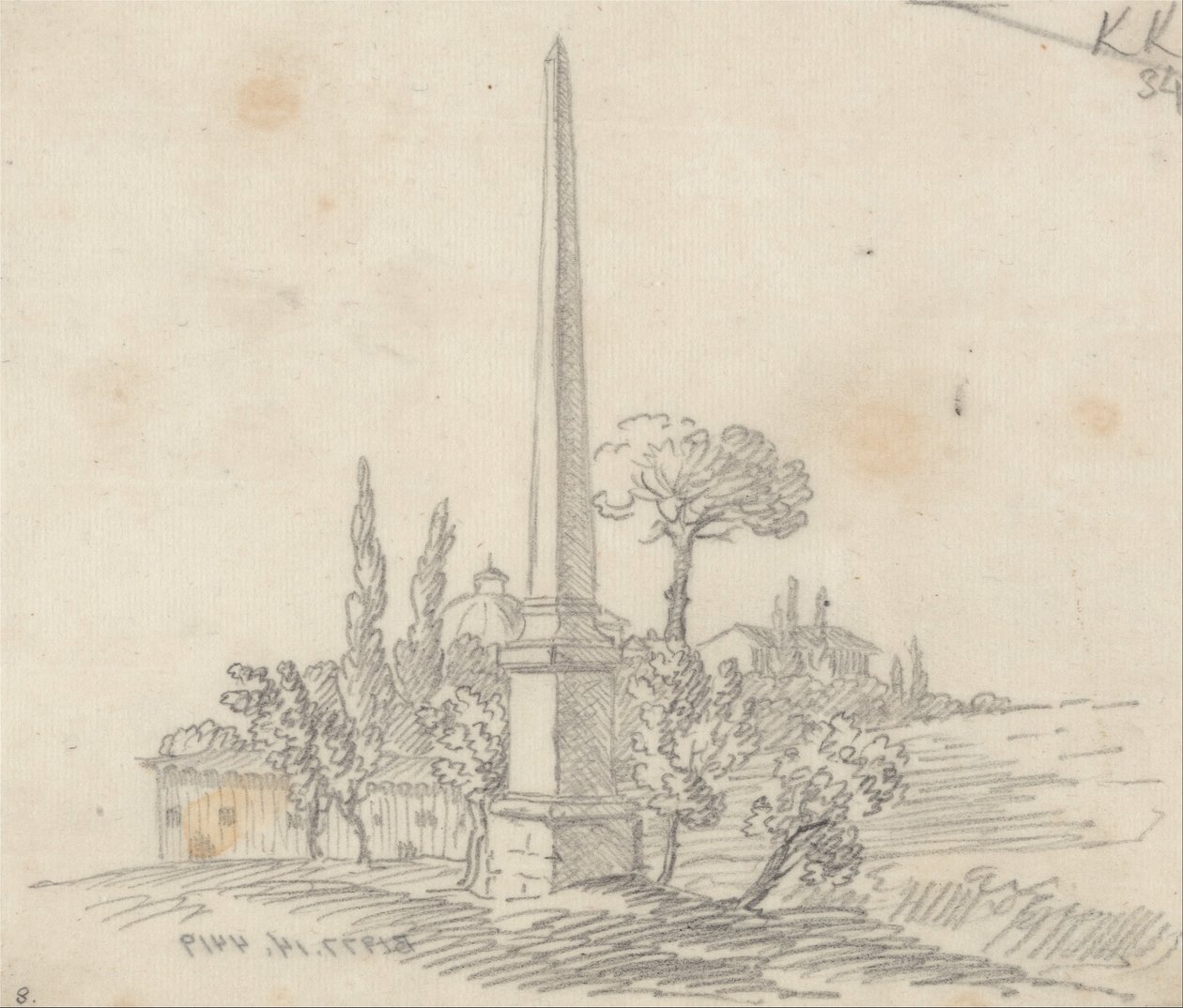 Un obelisco con techos y árboles en la distancia de John Robert Cozens