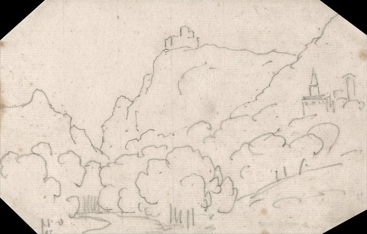 Vista de montaña con edificios de John Robert Cozens