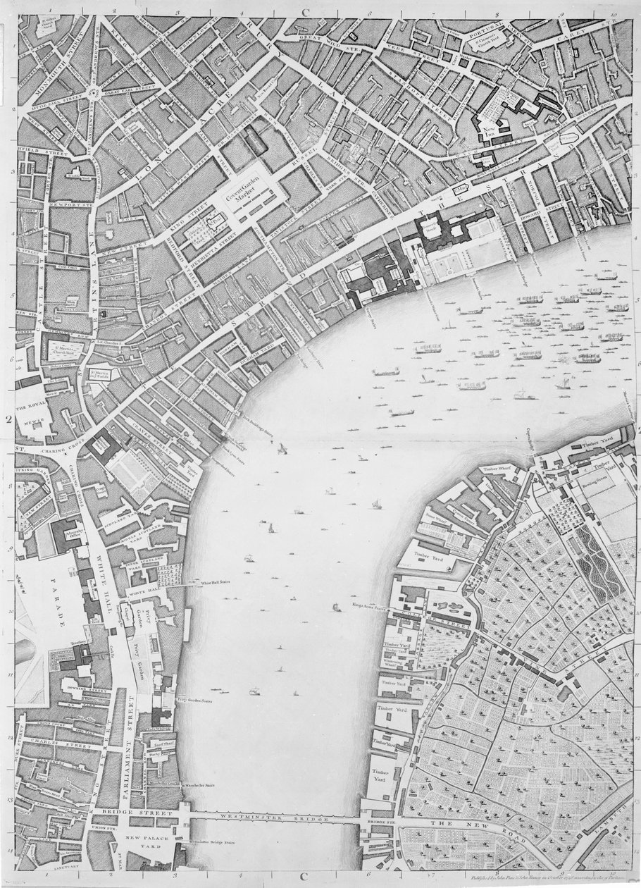 Un mapa de Covent Garden y Westminster, Londres, 1746 de John Rocque