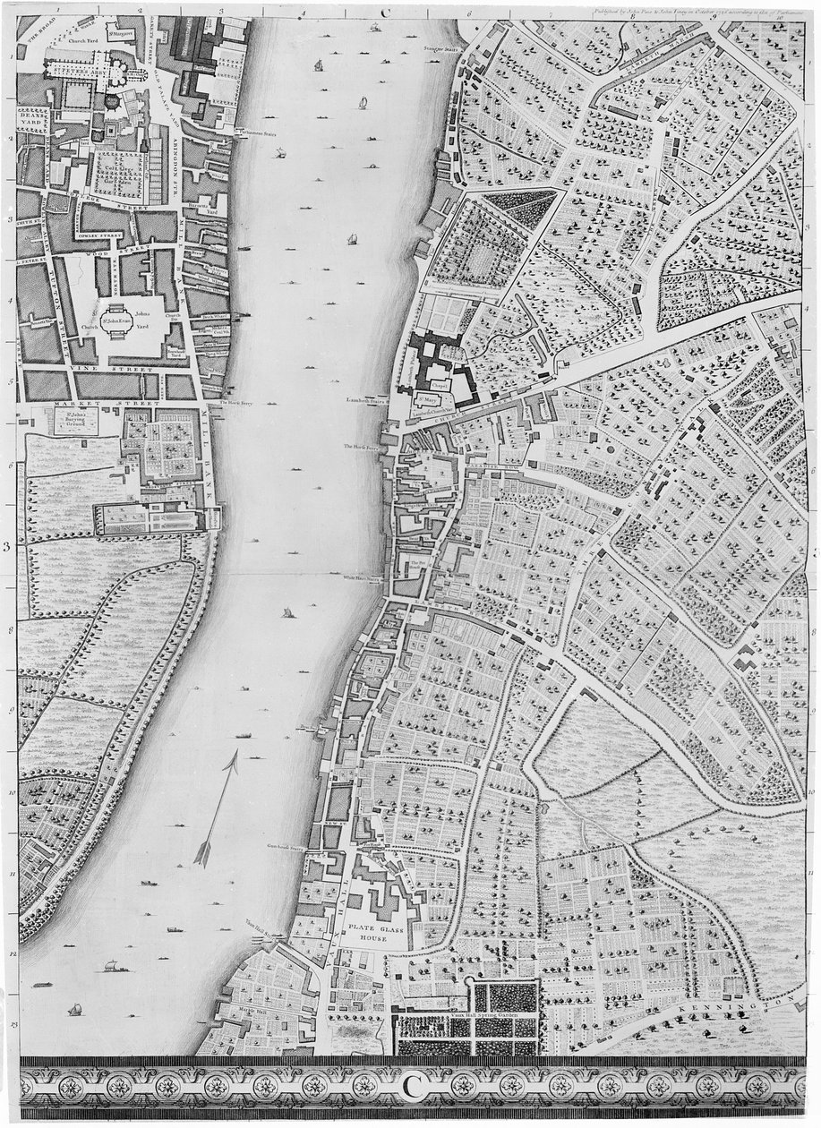 Un mapa de Lambeth y Vauxhall, Londres, 1746 de John Rocque