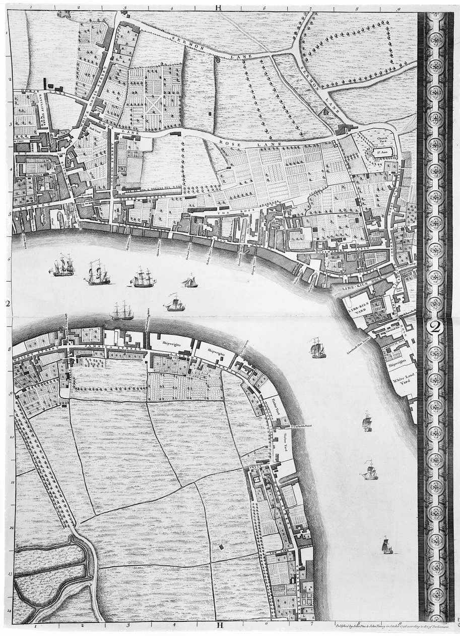 Un Mapa de Limehouse y Rotherhithe, Londres, 1746 de John Rocque