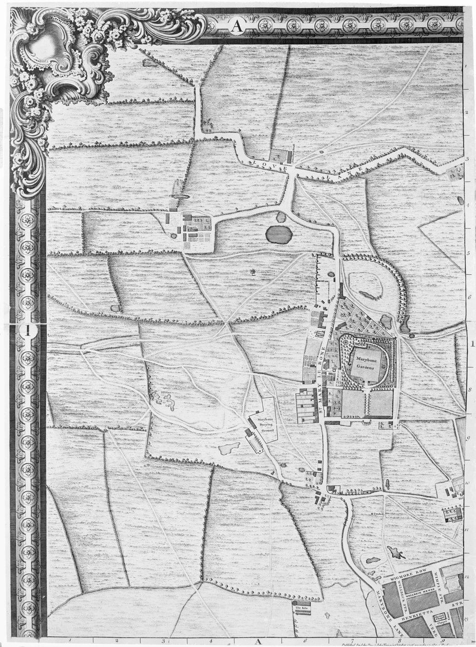 Un mapa de Marylebone, Londres, 1746 de John Rocque