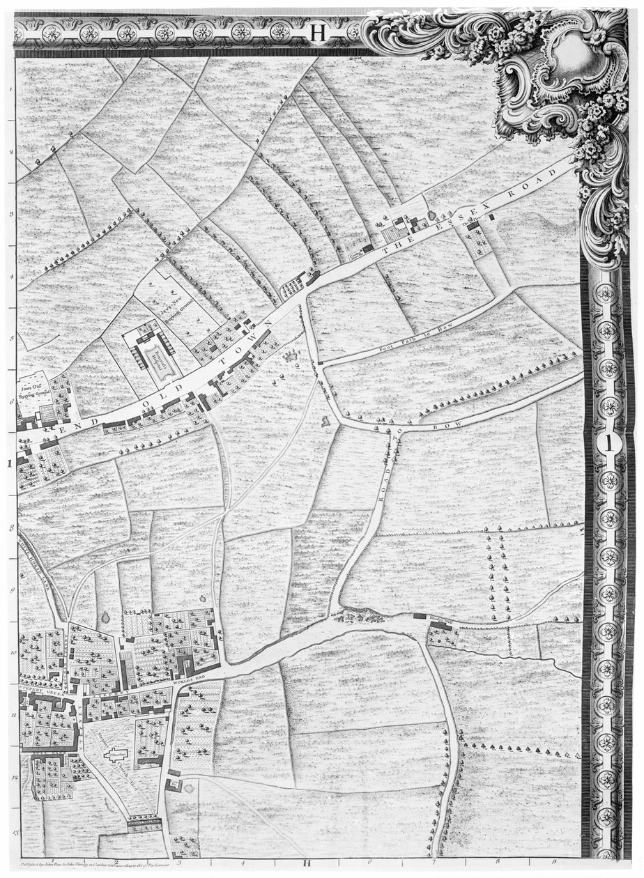 Un mapa de Mile End y Stepney Green, Londres, 1746 de John Rocque