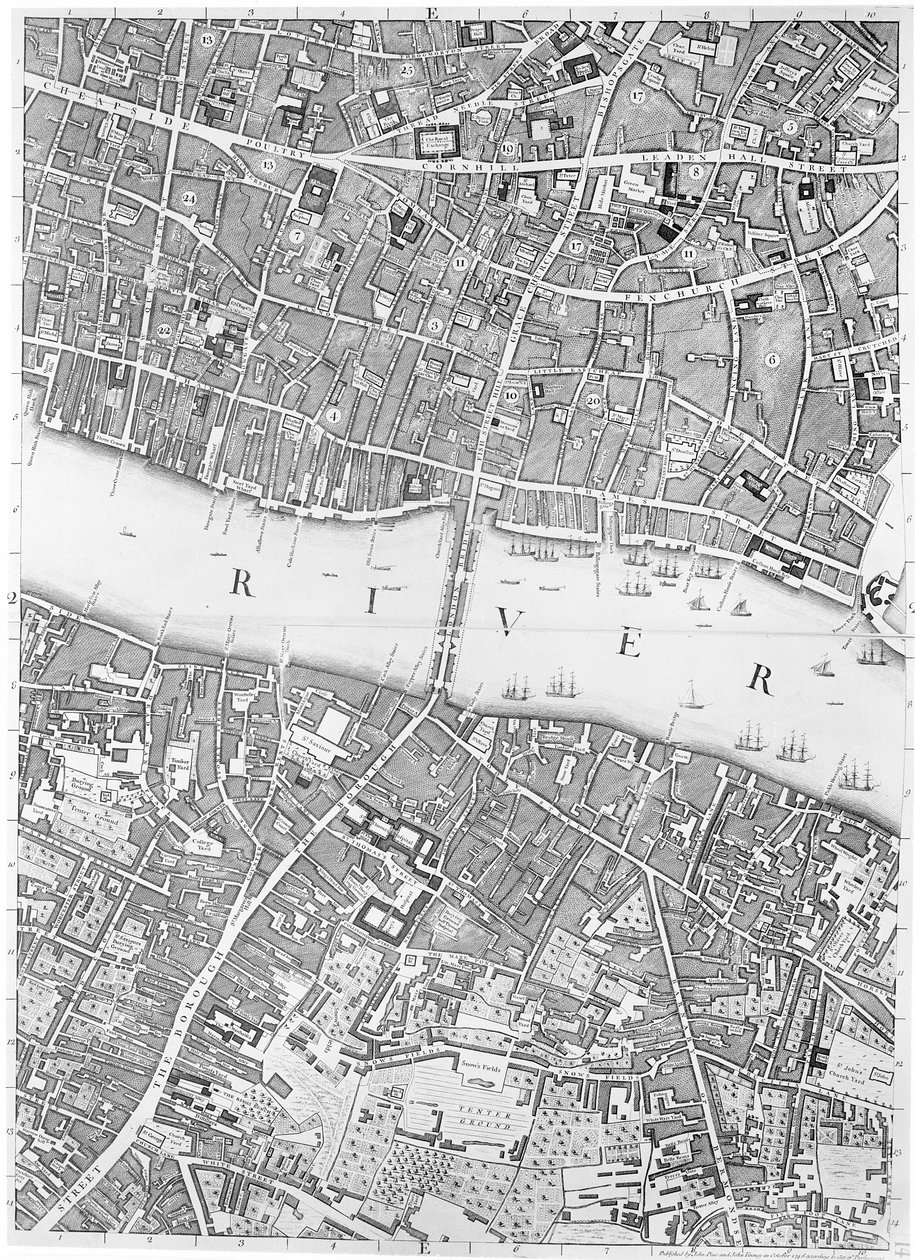 Un mapa del Puente de Londres, 1746 de John Rocque