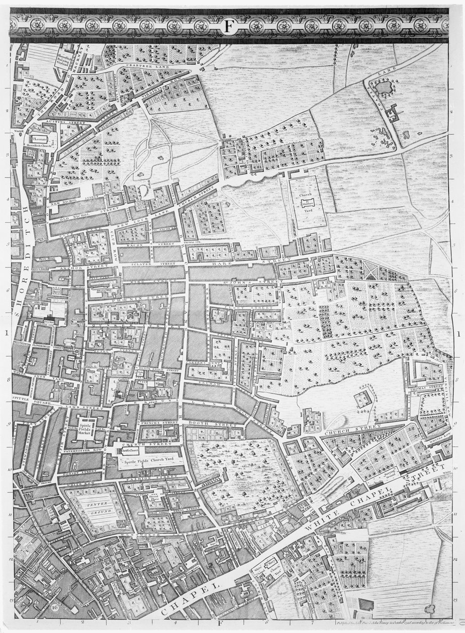 Un mapa de Shoreditch y Whitechapel, Londres, 1746 de John Rocque