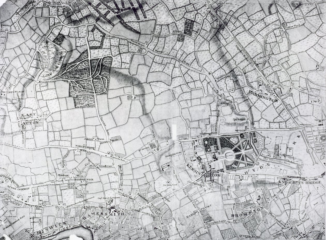 Una sección de una hoja del levantamiento de Londres y sus alrededores, 1741-5, pub. 1769 de John Rocque