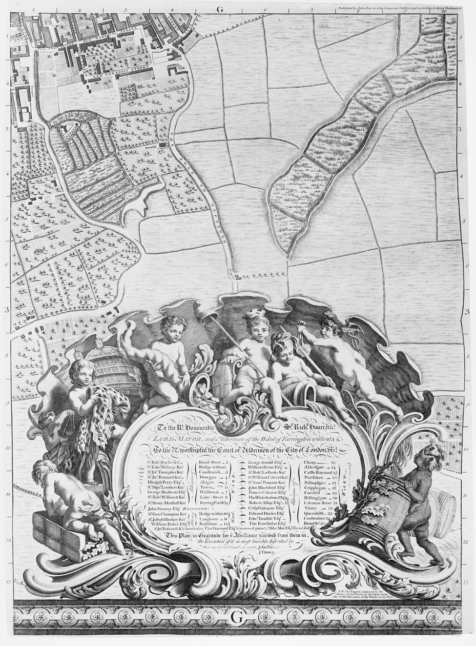 Inscripción del mapa de Londres de Rocque, lista de los concejales de la ciudad y sus áreas, 1746 de John Rocque