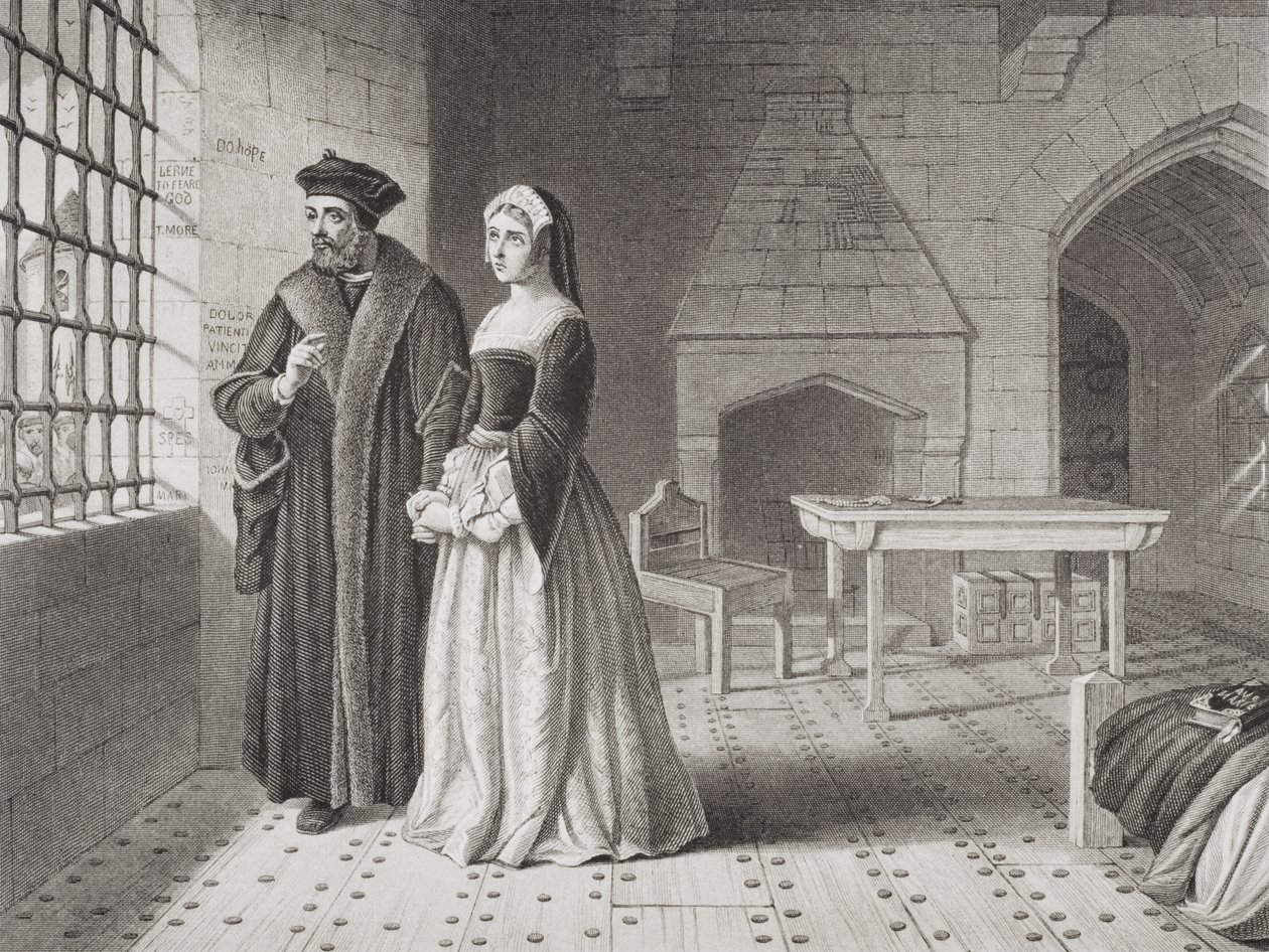 Sir Thomas More (1477-1535) y su hija Margaret, observando a los monjes yendo a la ejecución desde la ventana de su prisión, de 