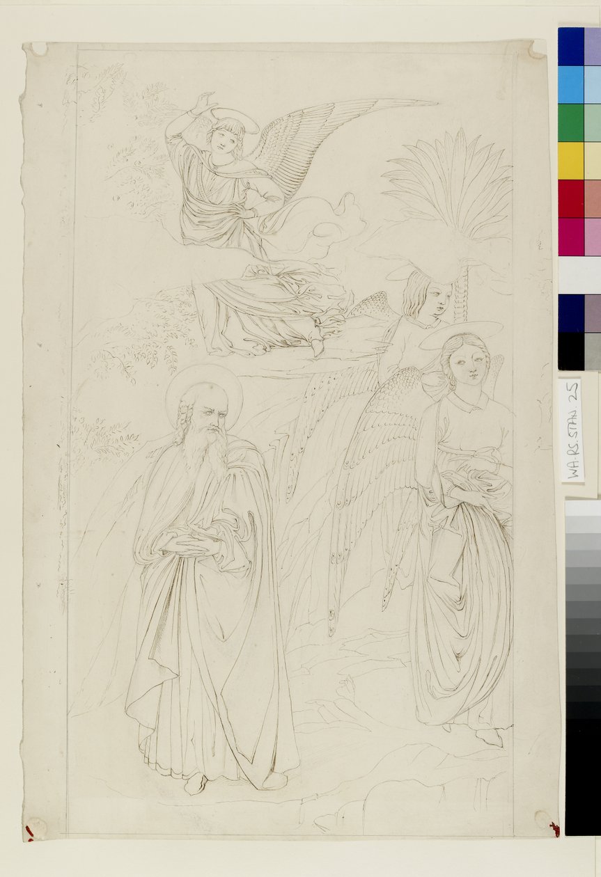 Dibujo de Abraham separándose de los ángeles de la historia de Abraham y Agar de Benozzo Gozzoli en el Camposanto, Pisa, 14 - 15 de mayo de 1845 de John Ruskin