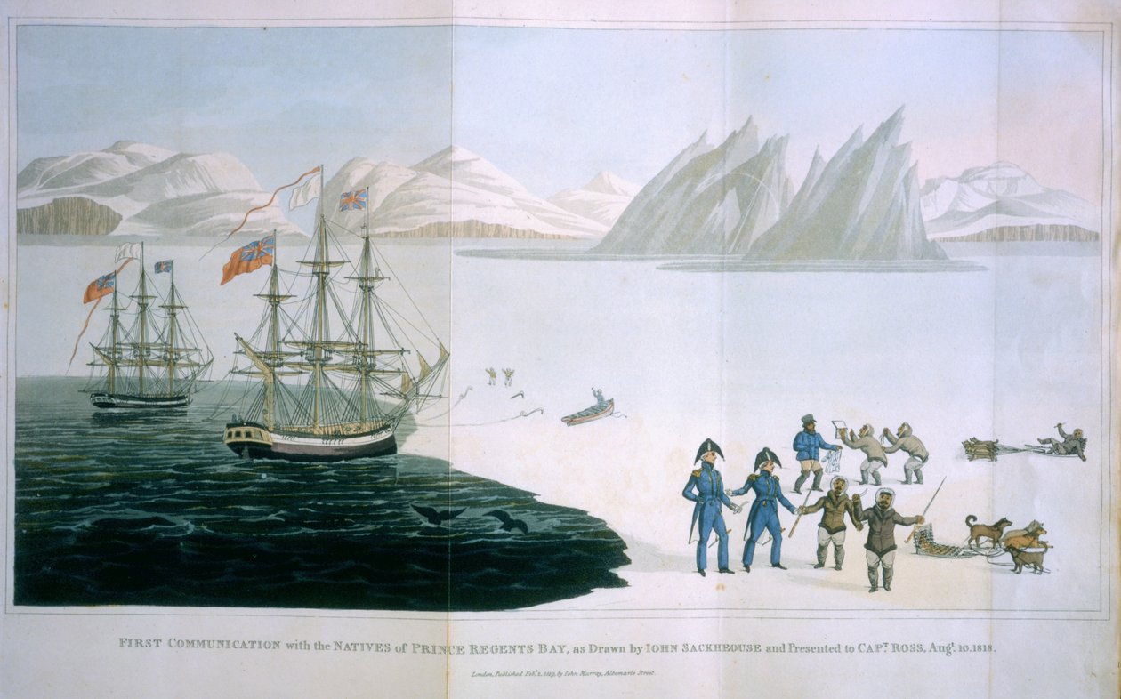 Primera comunicación con los nativos de la Bahía del Príncipe Regente, 10 de agosto de 1818, publicado por John Murray, Londres, 1819 de John Sackhouse