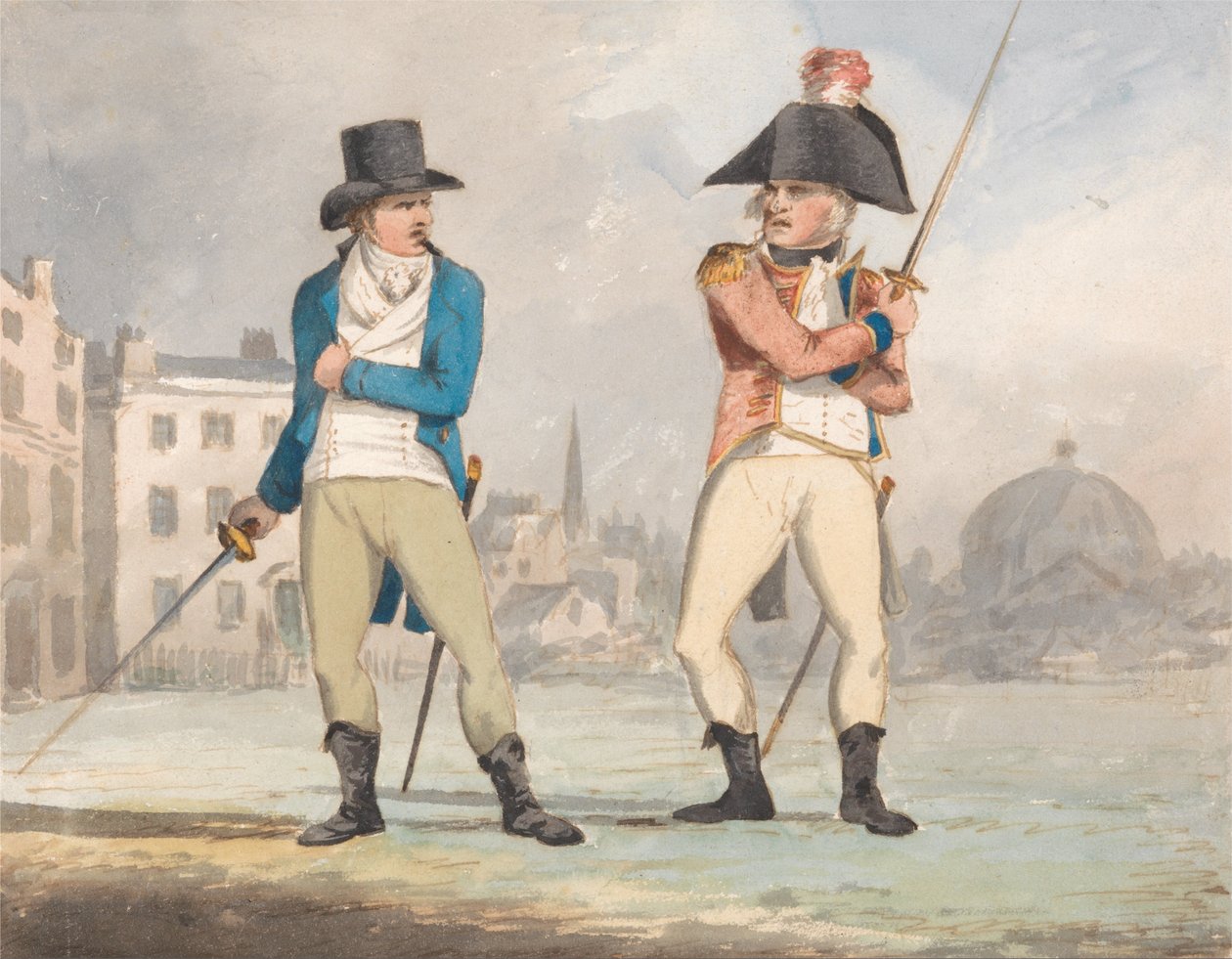 Caricatura de dos hombres con espadas desenvainadas (una de un conjunto de tres) de John Sell Cotman