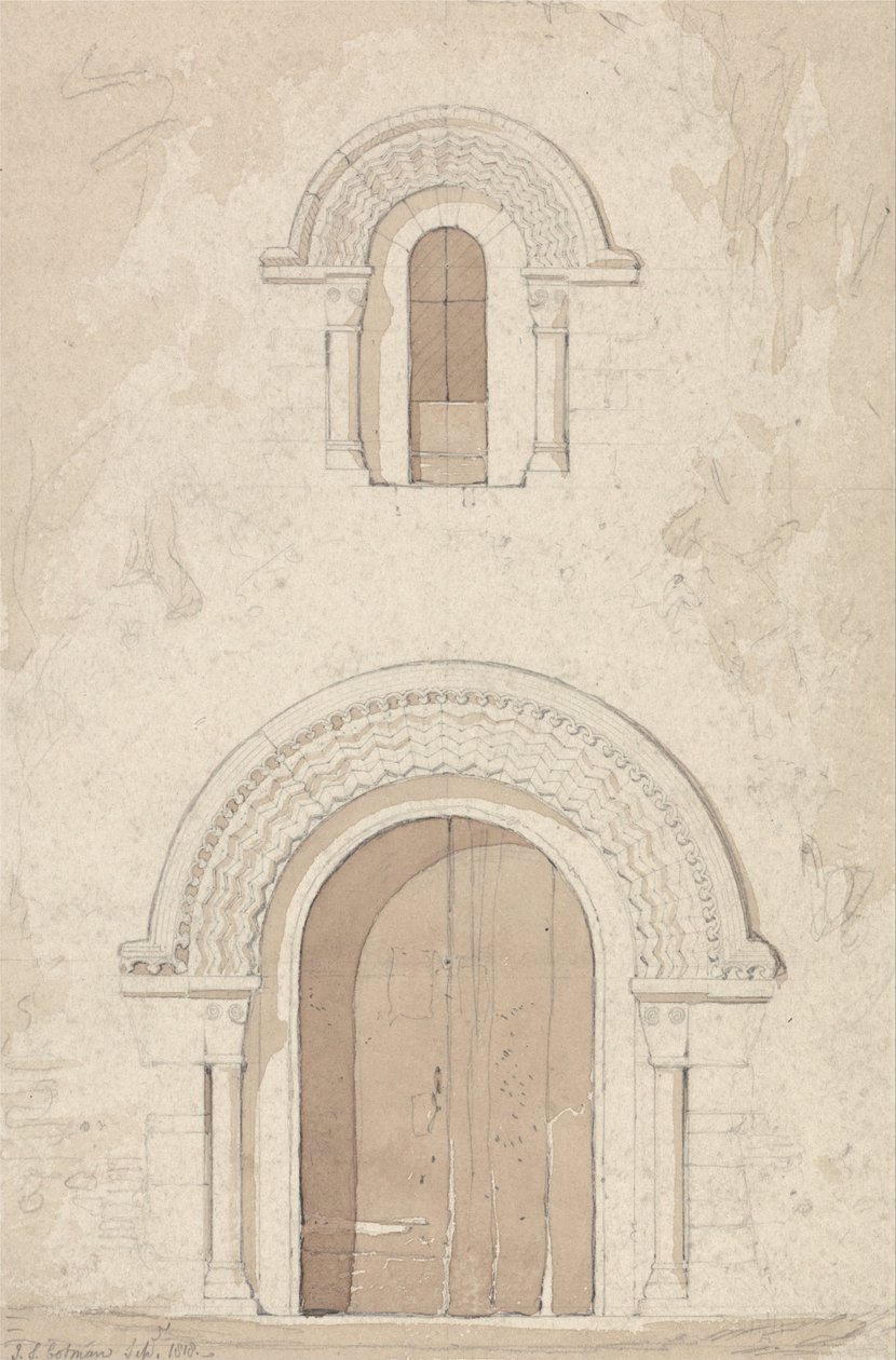 Puerta oeste y ventana en la iglesia de Ham cerca de Valognes, Normandía de John Sell Cotman