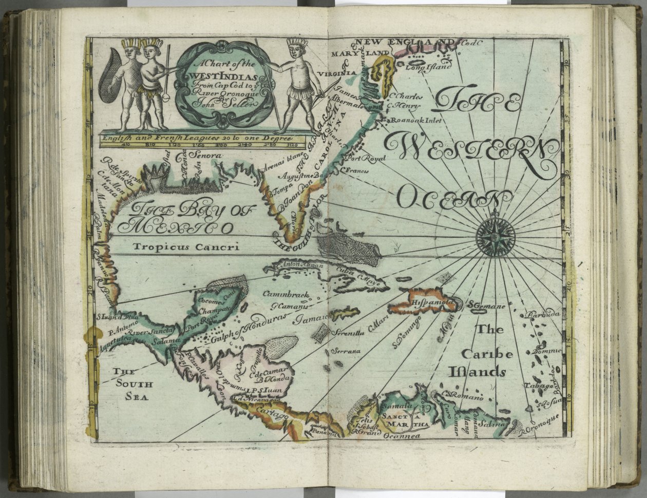 Un mapa de las Indias Occidentales desde Cape Cod hasta el Río Oronoque del Atlas maritimus de John Seller, 1682 de John Seller
